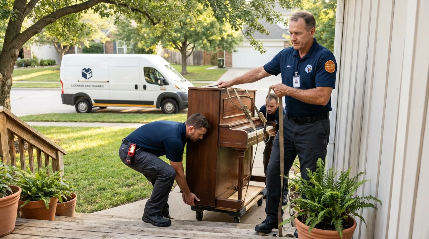 Licensed piano movers securing grand piano in Charlotte Court House, VA