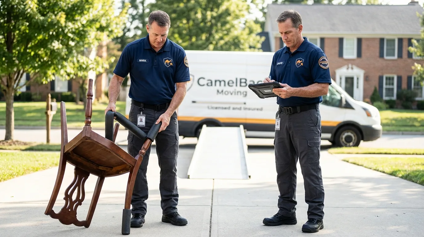 Movers inspecting furniture for damage prevention before loading in Charlotte Court House, VA
