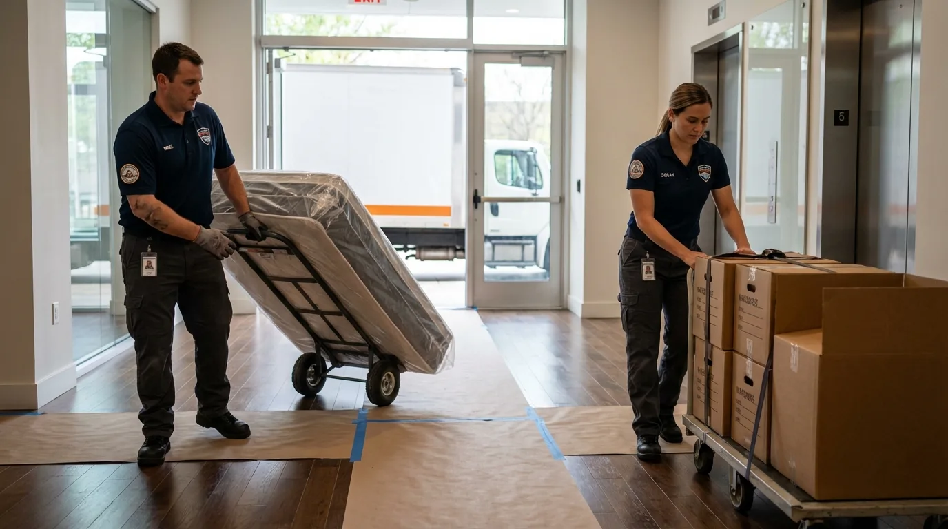 Professional apartment movers loading elevator in Charlotte Court House, VA