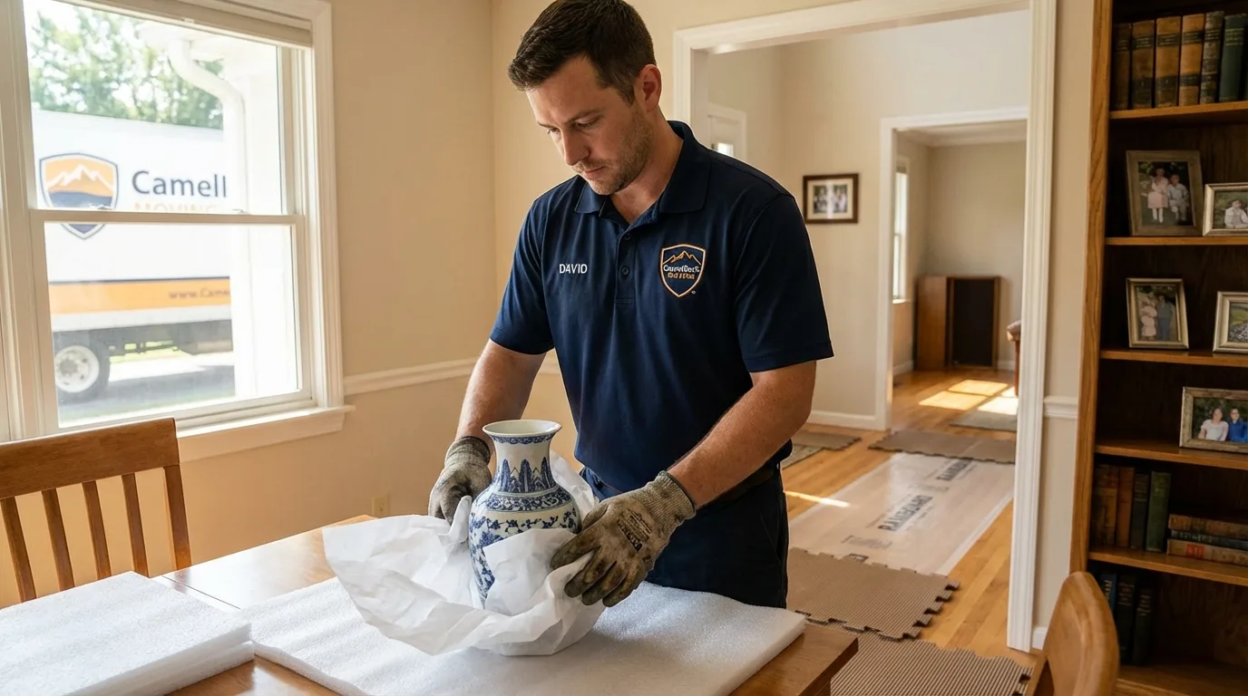 Professional crew carefully wrapping antique vase for senior downsizing move in Charlotte Court House, VA